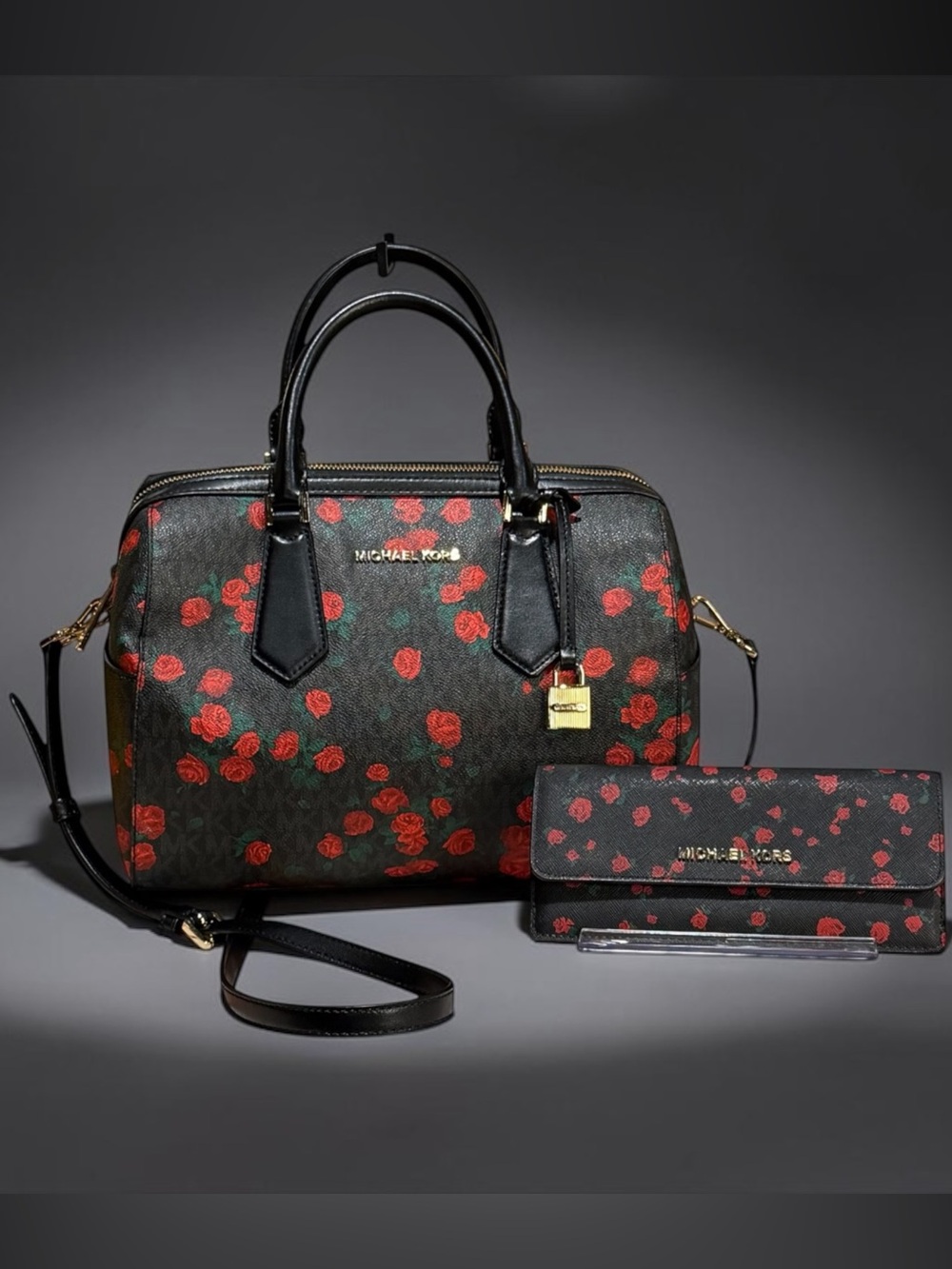 Michael Kors Hayes Large Duffle Satchel & Matching Flap Wallet Set – Rose Floral - Picture 1 of 13